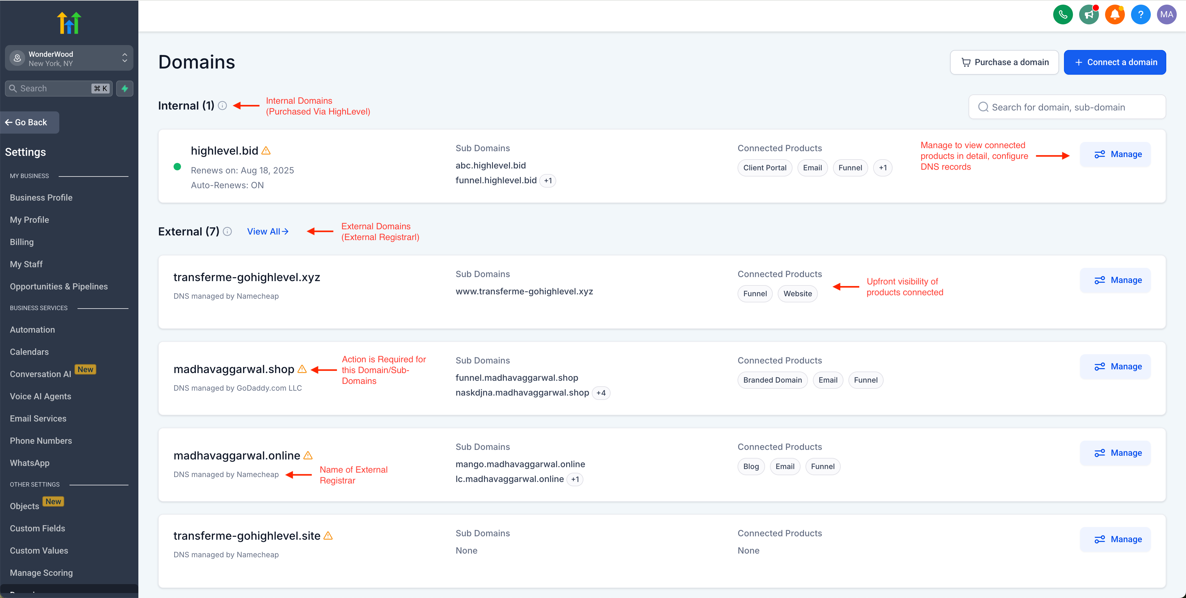 Domains Settings Page (Bird Eye View)