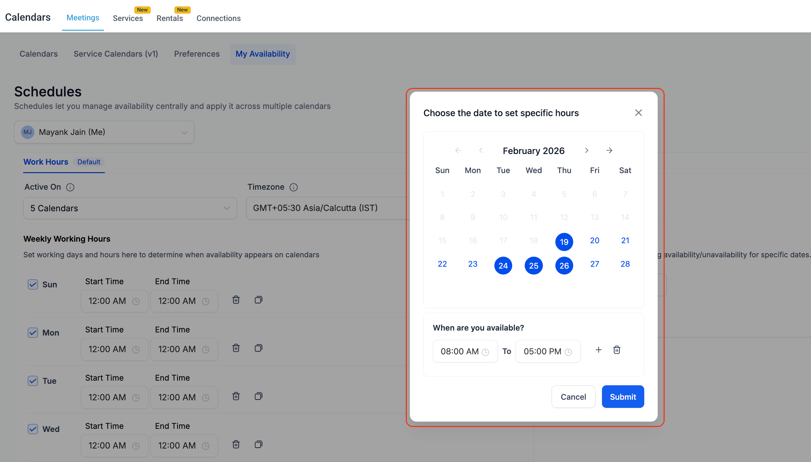 Adding Date Specific Hours for Meetings