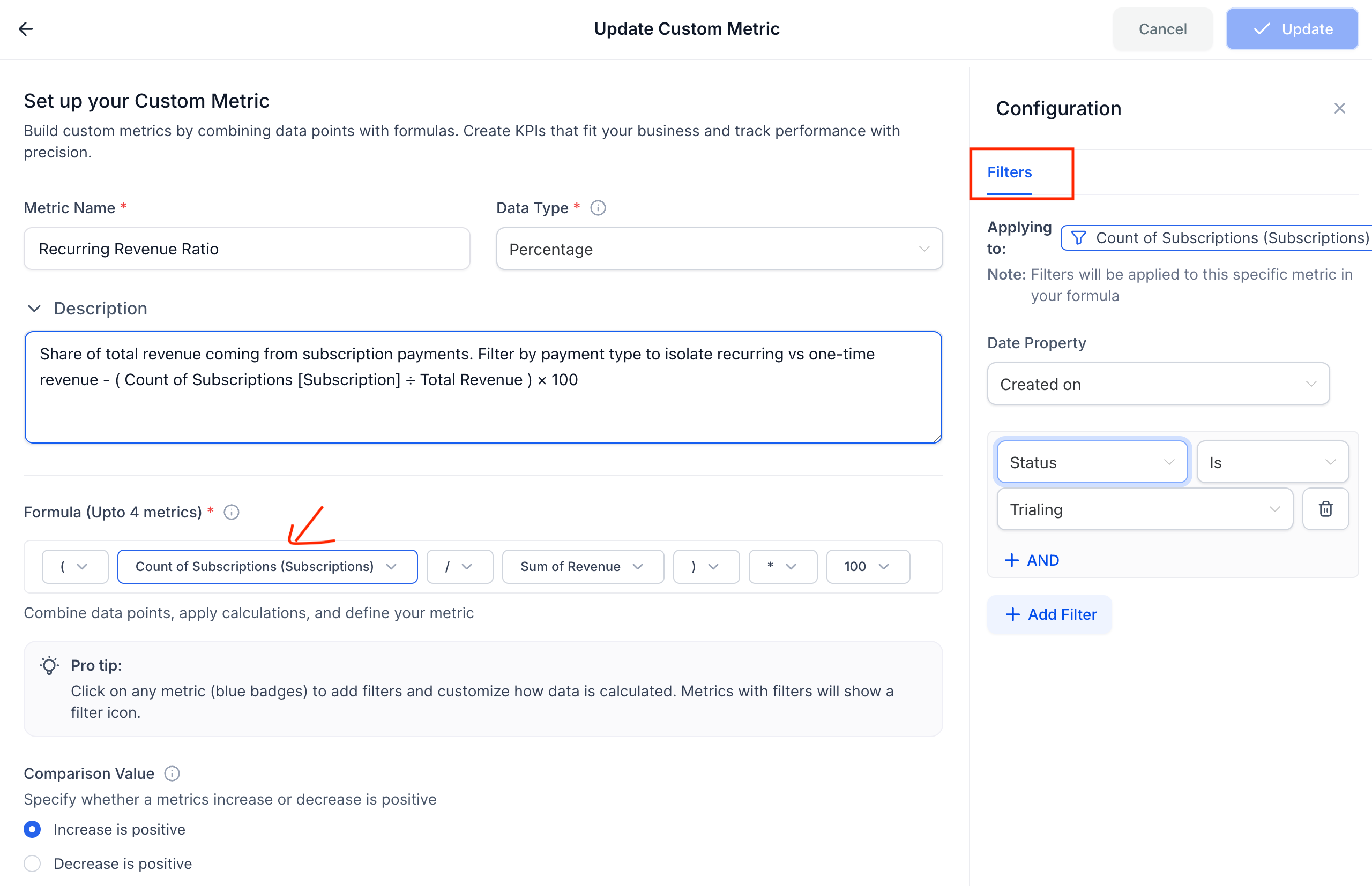 custom metrics with filter
